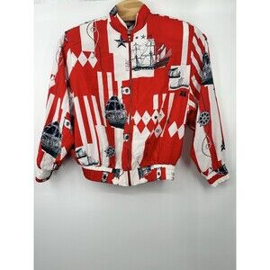 ALBERT AND PEARL Vintage Bomber Jacket Red‎ and White with Multicolor Print Sz L